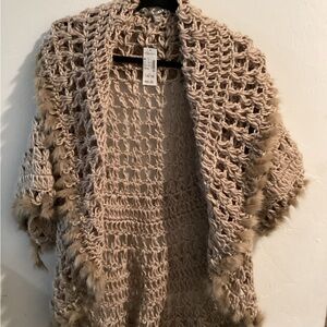 dressbarn Taupe Open-Knit Shawl Cardigan with Faux-Fur Trim